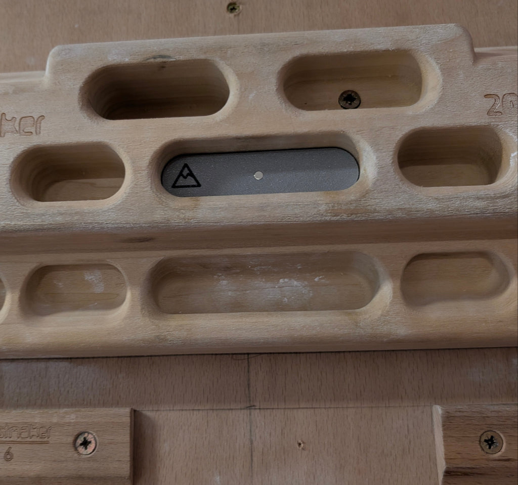 Wooden hangboard  with 'beastmaker' branding on a wooden frame